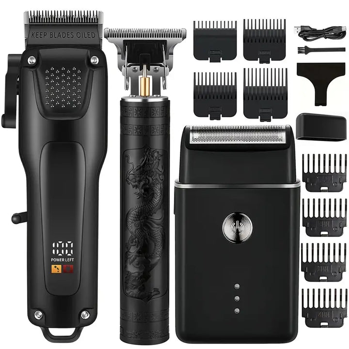 3-Piece Professional Hair and Beard Grooming Set for Men, Wireless Trimmers with LED Display, USB Rechargeable