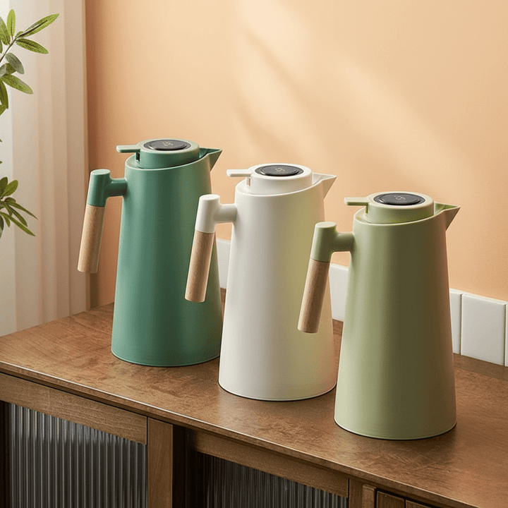 Double-Walled Thermos with Temperature Display and Wooden Handle