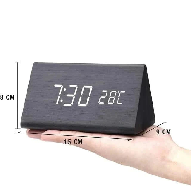 Wooden Look LED Alarm Clock with Three Alarms, Temperature Display, and Adjustable Brightness