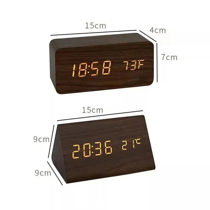 Wooden Look LED Alarm Clock with Three Alarms, Temperature Display, and Adjustable Brightness