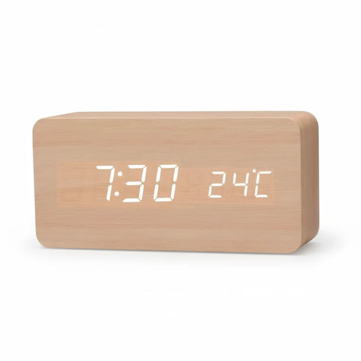 Wooden Look LED Alarm Clock with Three Alarms, Temperature Display, and Adjustable Brightness