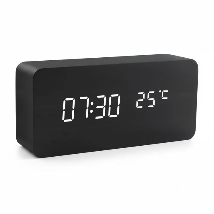 Wooden Look LED Alarm Clock with Three Alarms, Temperature Display, and Adjustable Brightness