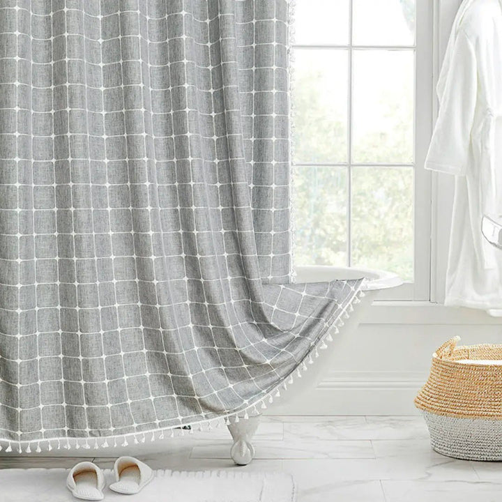 Bohemian Linen Shower Curtain with Tassels & Waterproof Design
