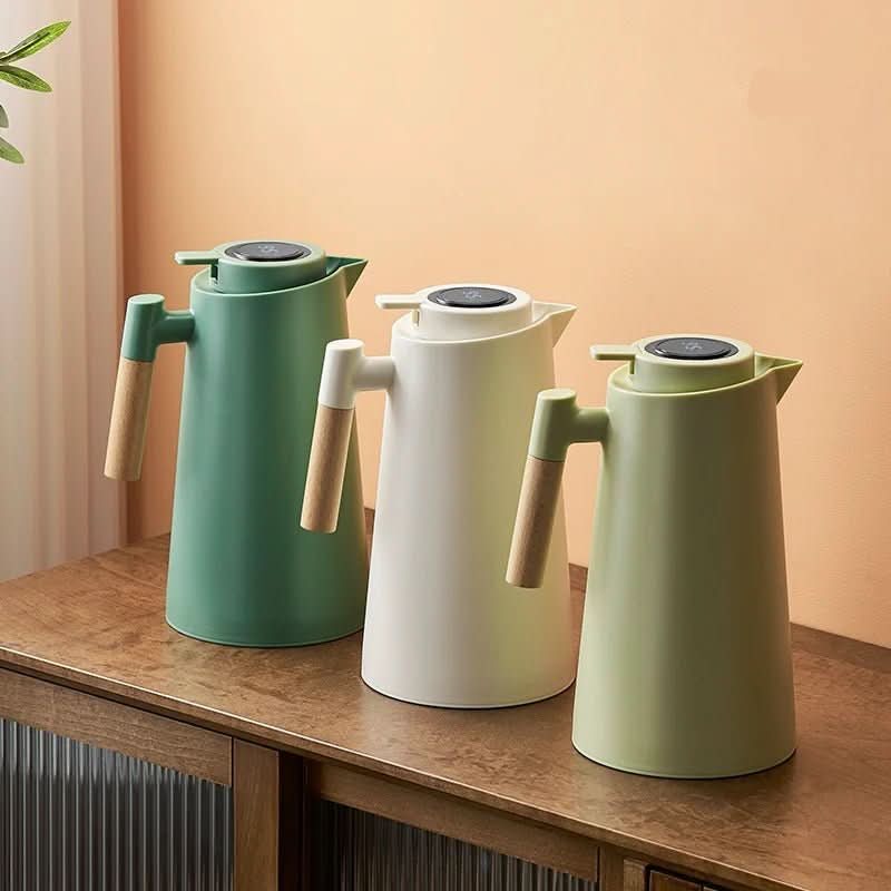 Double-Walled Thermos with Temperature Display and Wooden Handle