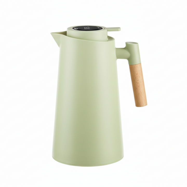 Double-Walled Thermos with Temperature Display and Wooden Handle