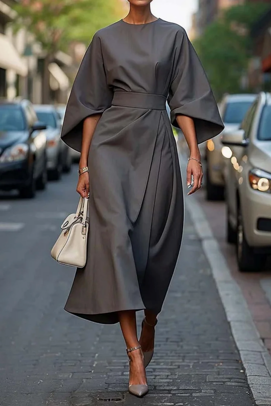 Women's Lantern Sleeves and Belt Dress | Elegant