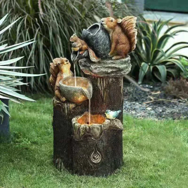 Solar Decorative Fountain with Duck and Squirrel | Garden Figure Featuring LED Light | Weatherproof Resin | Ideal for Patio and Balcony